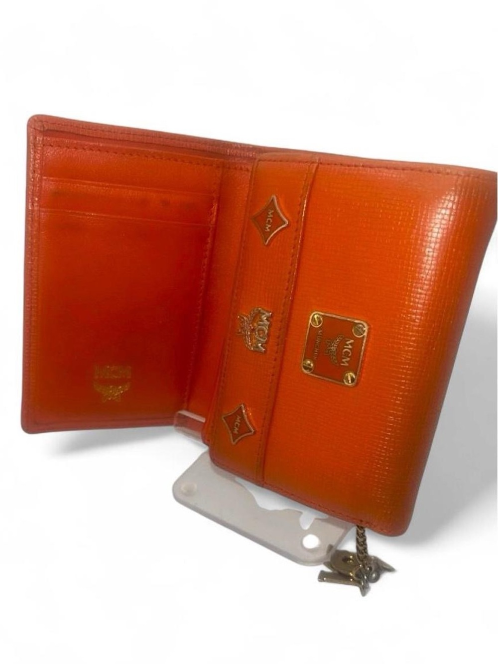 MCM Orange Saffiano Leather Trifold Wallet Logo Charm - Picture 6 of 12